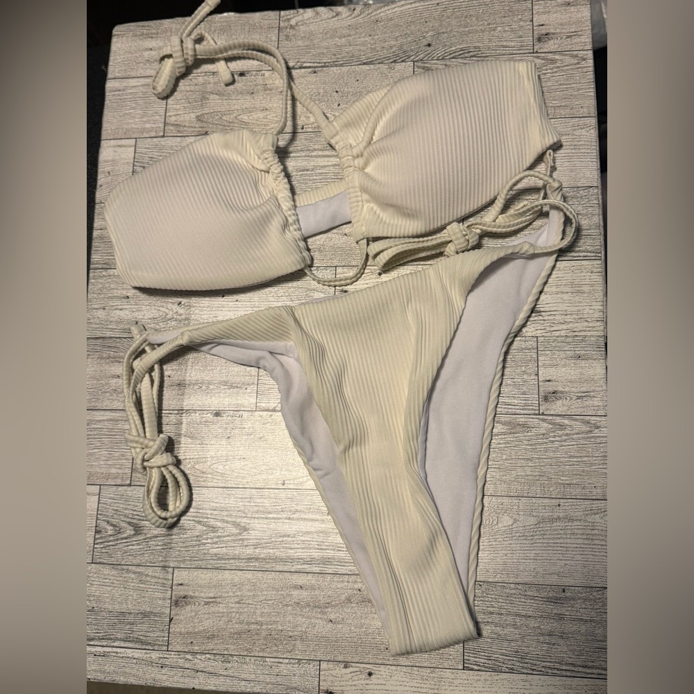 White Halter Rib Lace up Bikini Set - Picture 5 of 5
